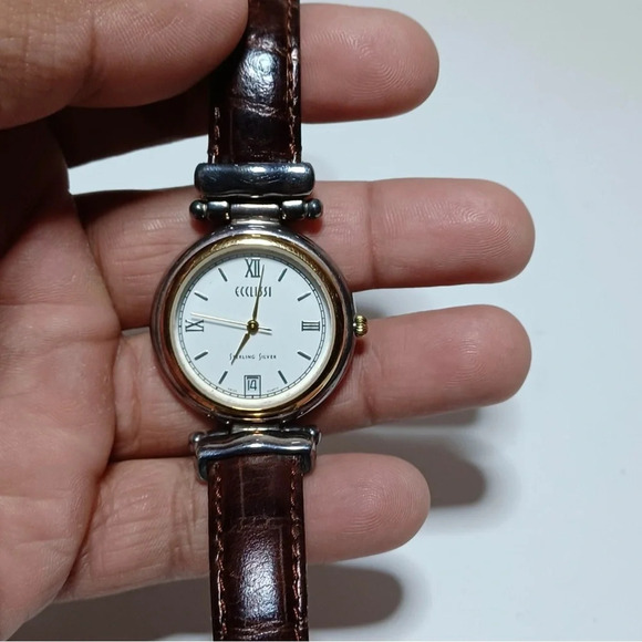 Sterling Silver - ECCLISSI Brown Leather 9" Adjustable Watch Bracelet ticking - Picture 3 of 6